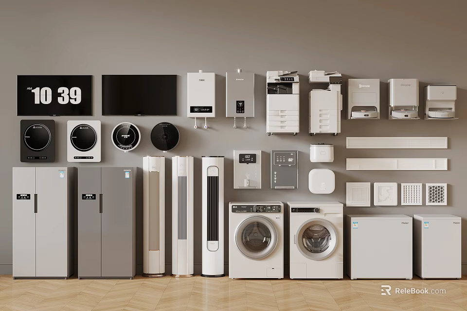 Various Types of Modern Household Appliances on Display with Refrigerators Washing Machines and TVs 3d model 