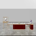 Modern Display Shelves With Golden Frame Red Cabinet And Glass Showcase