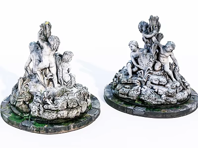 Pair of Classical Cherub Sculptures With Ornate Circular Base And Decorative Details 3d model