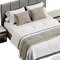 Modern Bedroom Interior With Gray Headboard White Comforter Striped Pillows And Nightstand