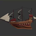 Detailed Pirate Ship Model With White Sails Red Hull And Skull Flag