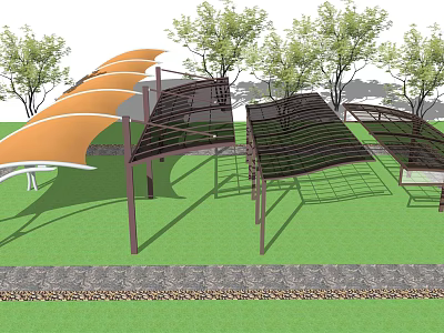 Modern Sunshades with Orange and Dark Canopies in Grass Area Surrounded by Trees 3d model
