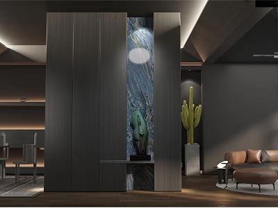 Modern Office Interior With Dark Wooden Partition Cactus Plants And Leather Sofa 3d model