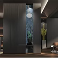 Modern Office Interior With Dark Wooden Partition Cactus Plants And Leather Sofa