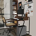 Modern Wooden Desk Setup With Office Chair Monitor Headphones And Table Lamp