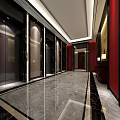 Elegant Elevator Hallway Interior With Marble Floor Red Walls And Decorative Mural 3d model