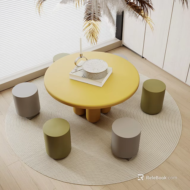 Modern Yellow Round Kids Table with Small Stools on Beige Carpet 3d model 