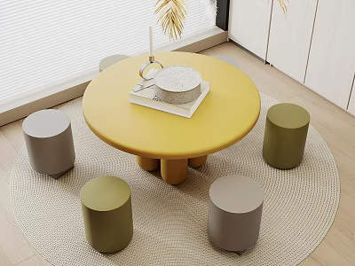 Modern Yellow Round Kids Table with Small Stools on Beige Carpet 3d model