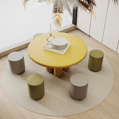 Modern Yellow Round Kids Table with Small Stools on Beige Carpet 3d model