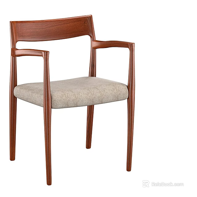 Modern Minimalist Single Chair With Brown Wooden Frame Armrests And Neutral Fabric Seat 3d model 