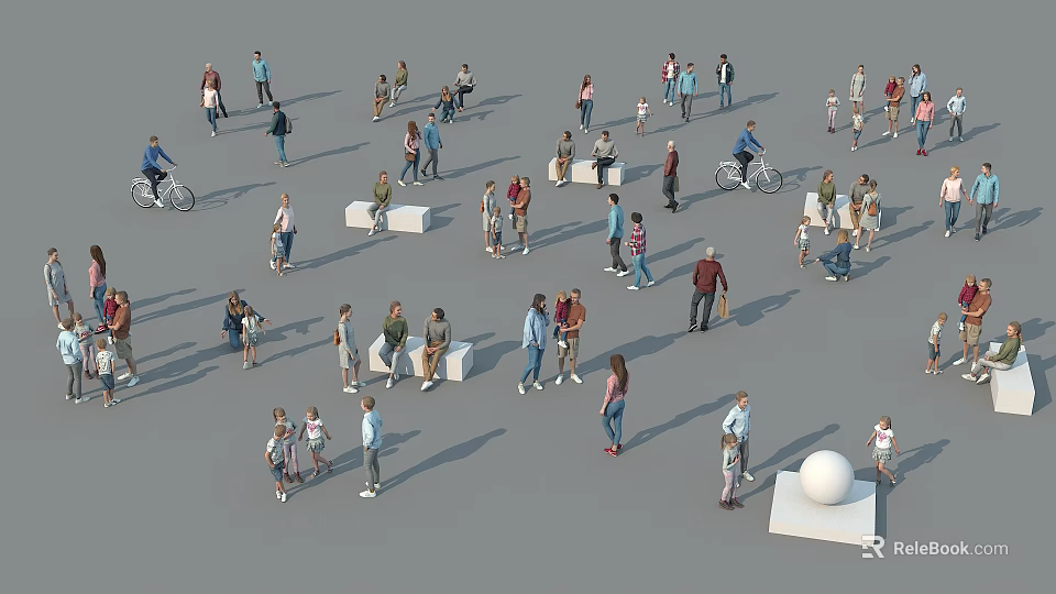 Many People Enjoying Outdoor Activities In Public Square Relaxing Walking And Cycling Together 3d model 