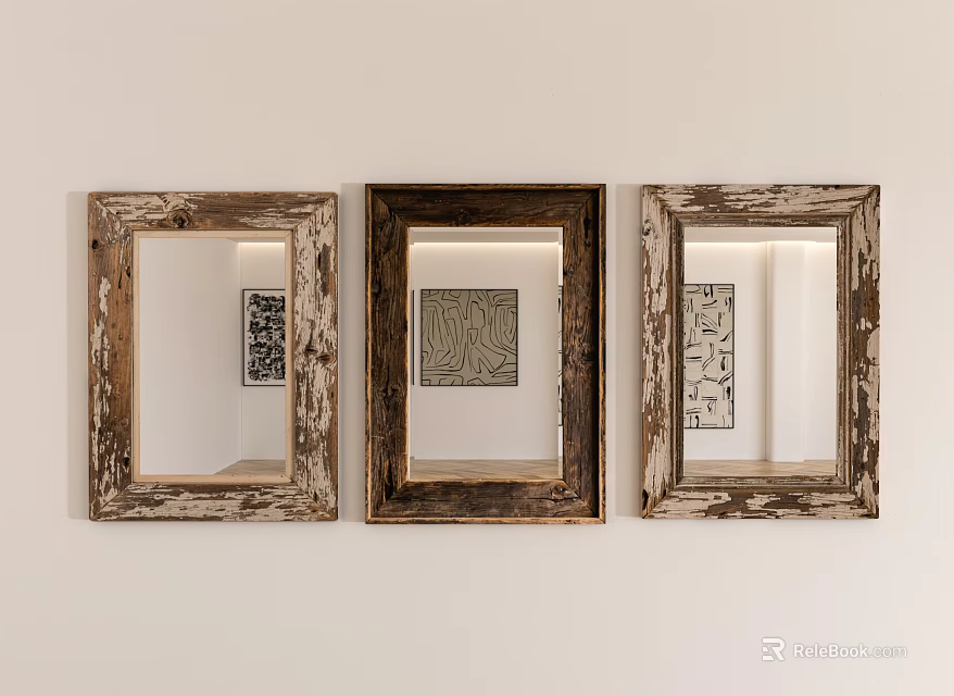 Three Vintage Wooden Framed Mirrors Hung On White Wall Reflecting Decorative Paintings Inside 3d model 