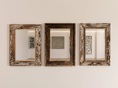 Three Vintage Wooden Framed Mirrors Hung On White Wall Reflecting Decorative Paintings Inside 3d model