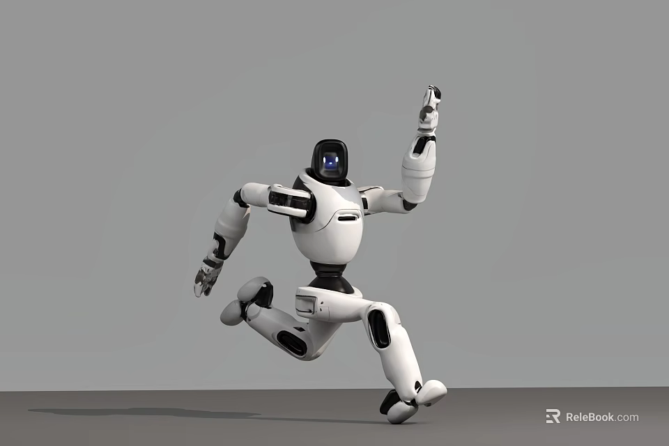 Smart Robot With White And Black Body Running Energetically On Gray Background 3d model 