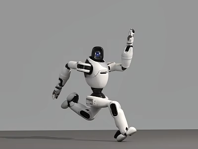 Smart Robot With White And Black Body Running Energetically On Gray Background 3d model