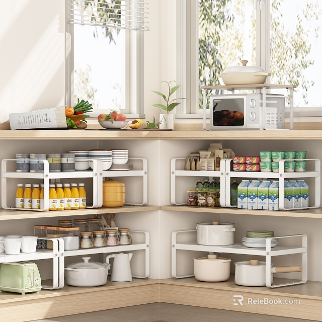 Organized Modern Kitchen Interior With White Shelves Holding Various Kitchenware And Supplies 3d model 