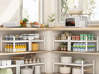 Organized Modern Kitchen Interior With White Shelves Holding Various Kitchenware And Supplies 3d model