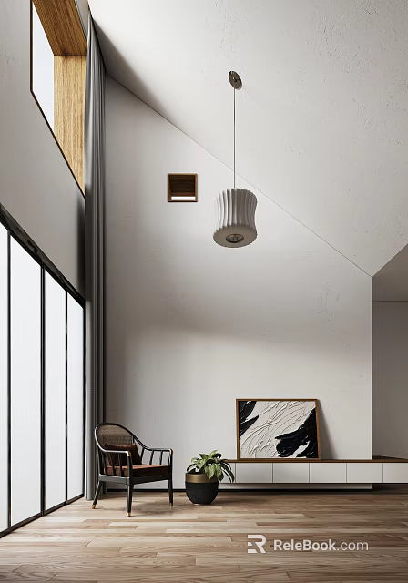 Elegant Living Room Interior With White Walls Pendant Light And Decorative Artwork 3d model 