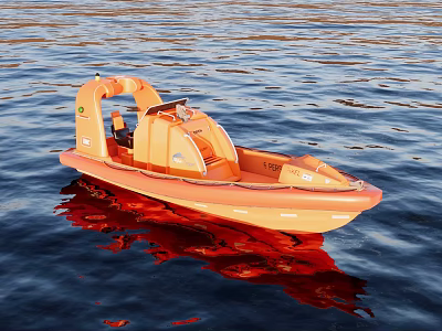 Orange Small Yacht on Rippled Water with Comfortable Seats and Control Console 3d model