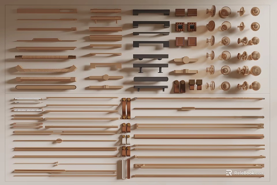 Various Wooden And Metal Cabinet Door Handles With Different Designs On 3d model 