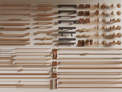 Various Wooden And Metal Cabinet Door Handles With Different Designs On 3d model