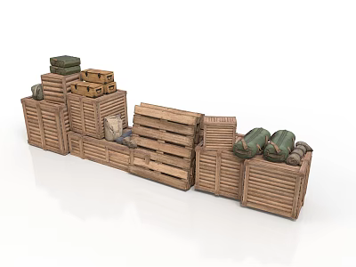Daily Necessities Storage With Stacked Various Sizes Wooden Crates And Green Sacks 3d model