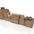 Daily Necessities Storage With Stacked Various Sizes Wooden Crates And Green Sacks