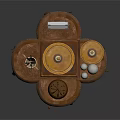 Decorative Wooden Small Table With Glass Dome Pen Holder Two Spheres And Small Clock