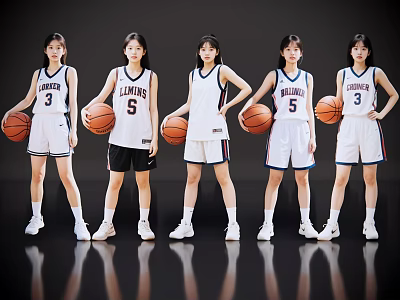 Five Female Basketball Players Leopards in White Jerseys Standing in a Row Holding Basketballs 3d model