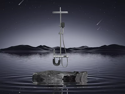 Modern Shower Head With Stone Base In Water And Starry Mountain Backdrop 3d model