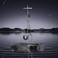Modern Shower Head With Stone Base In Water And Starry Mountain Backdrop