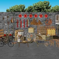 Rural Style Garden Ornaments with Brick Wall Hanging Chili Peppers Bamboo Baskets and Wooden Furniture