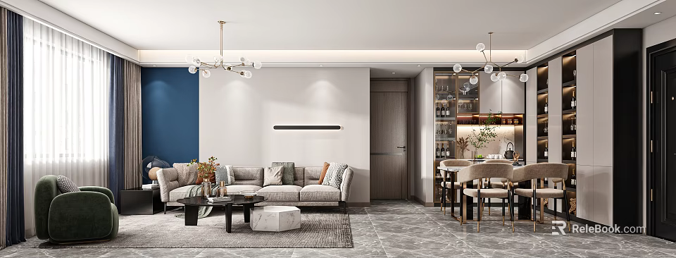 Modern Living And Dining Room Interior Design With Sofa Coffee Table Chandelier And Dining Chairs 3d model 
