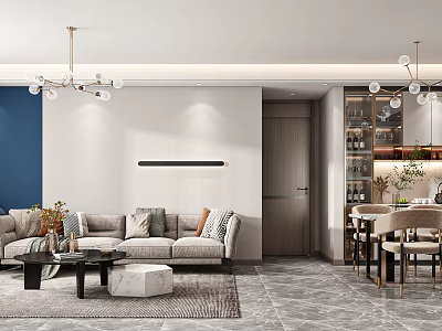 Modern Living And Dining Room Interior Design With Sofa Coffee Table Chandelier And Dining Chairs 3d model