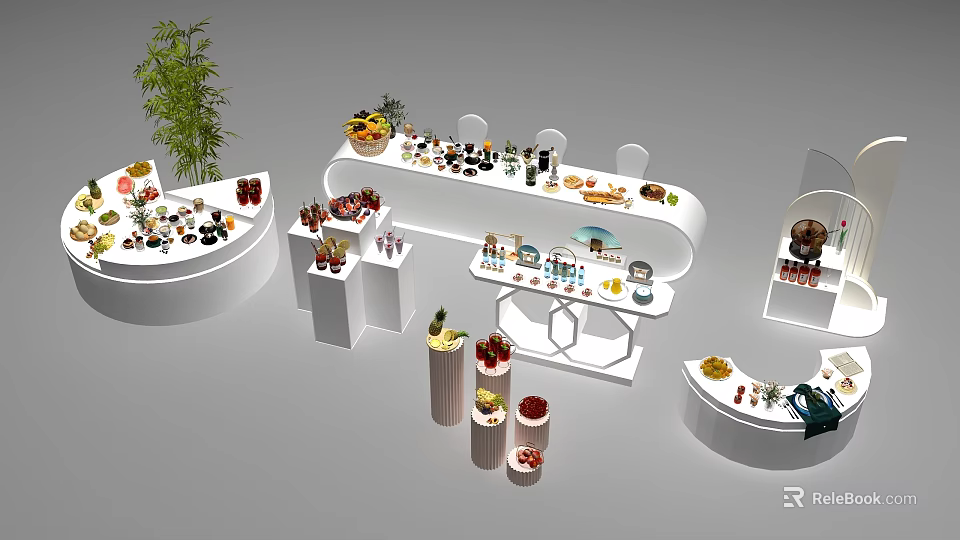 Modern Coffee Break Area With Curved Display Counters Various Fruits Desserts Drinks And Decorative Plants 3d model 