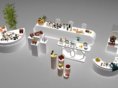 Modern Coffee Break Area With Curved Display Counters Various Fruits Desserts Drinks And Decorative Plants 3d model