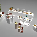 Modern Coffee Break Area With Curved Display Counters Various Fruits Desserts Drinks And Decorative Plants