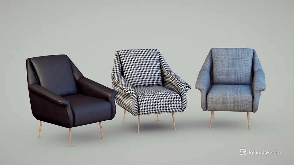 Three Modern Single Sofas Featuring Black Plaid Gray Designs With Gold Metal Legs 3d model