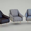 Three Modern Single Sofas Featuring Black Plaid Gray Designs With Gold Metal Legs 3d model