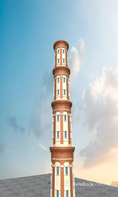 Red and White Multi tiered Tower with Windows Against Blue Sky and Clouds 3d model