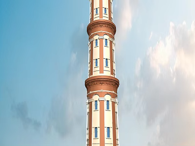 Red and White Multi tiered Tower with Windows Against Blue Sky and Clouds 3d model