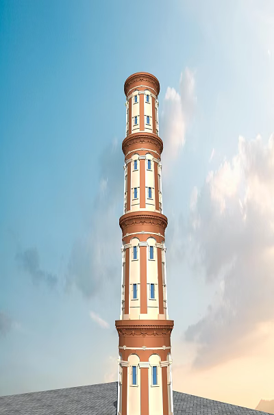 Red and White Multi tiered Tower with Windows Against Blue Sky and Clouds 3d model