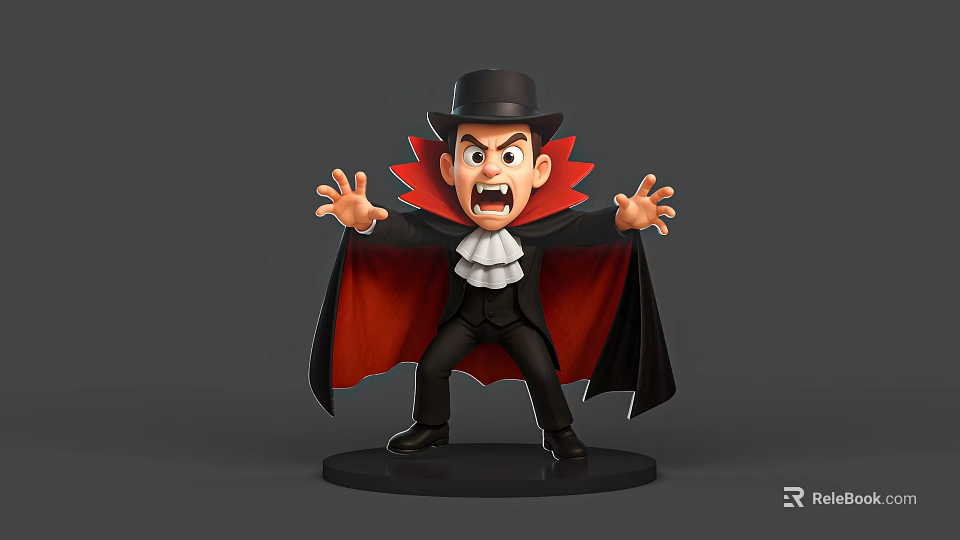Cartoon Vampire Man With Angry Expression Wearing Black Top Hat Red Cape Outstretched Arms 3d model 