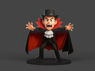 Cartoon Vampire Man With Angry Expression Wearing Black Top Hat Red Cape Outstretched Arms 3d model