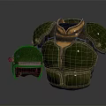 Green Metallic Armor Set With Structured Breastplate And Protective Helmet 3d model