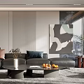 Modern Living Room Interior Design With Black Leather Sofa Coffee Table And Abstract Painting