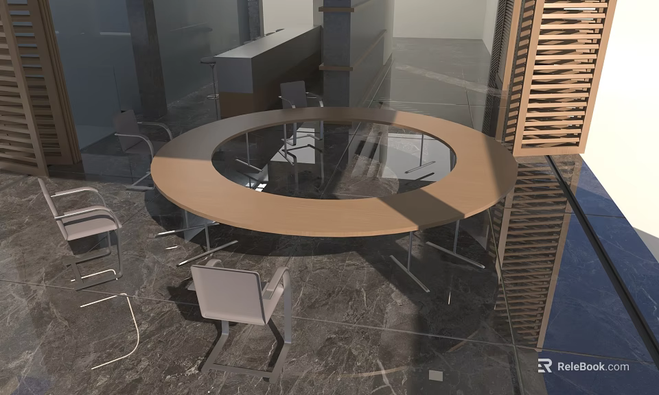 Round Wooden Conference Table With Modern Chairs In Contemporary Meeting Room 3d model 