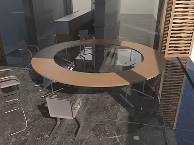 Round Wooden Conference Table With Modern Chairs In Contemporary Meeting Room 3d model