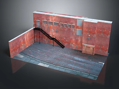 Industrial Red Brick Wall Interior Scene With Metal Staircase And Windows 3d model