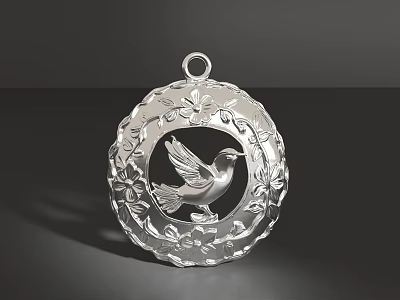 Elegant Silver Circular Pendant With Engraved Bird And Floral Patterns 3d model
